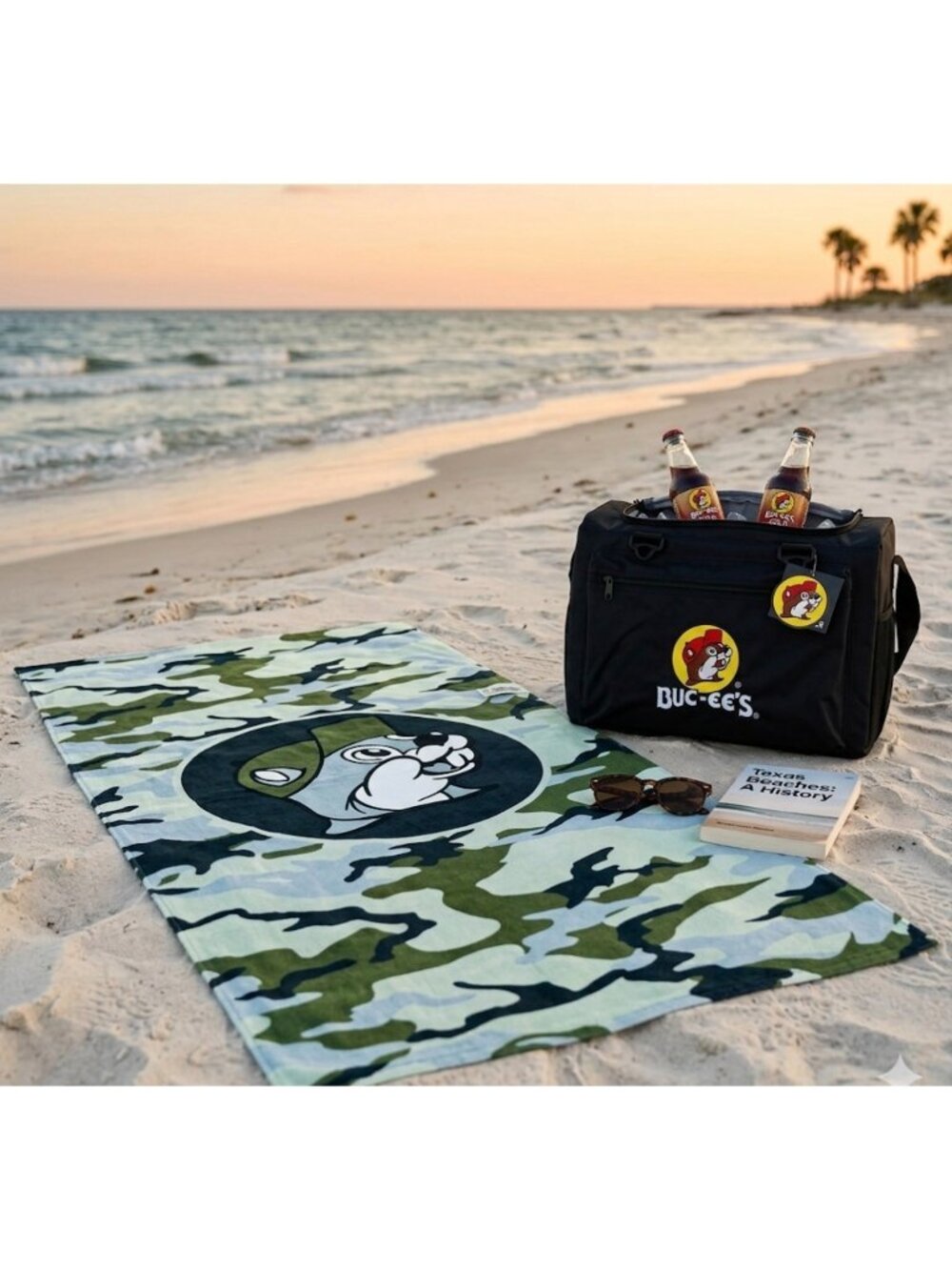 Set Buc-ees Black Insulated 24 can Cooler Bag & Camo Beach Towel Set With Beaver